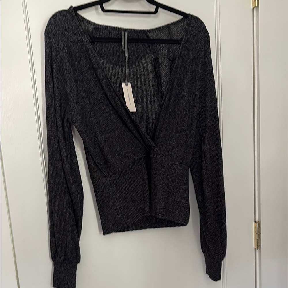 Anthropologie Gray Wrap Fitted Blouse